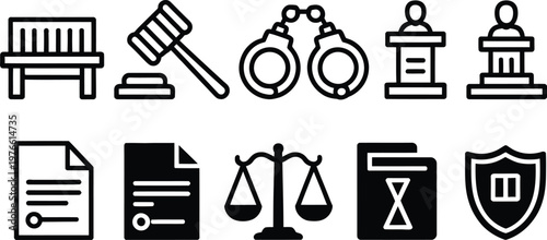 Law Enforcement and Justice Icons Set, Gavel, Handcuffs, Court Bench, Judge Podium, Scale, Legal Document and Shield, Minimal Line and Solid Vector Icons