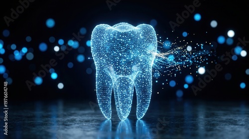 This digital tooth, glowing with particle effects, illustrates cutting-edge technology for dentistry and oral surgery.