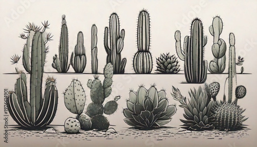 Collection of Various Desert Cactus Plants in Different Shapes and Sizes.
