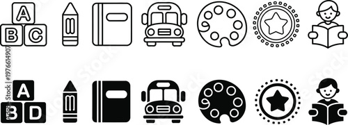 Kids Education Icon Set, School Learning Creativity Book Pencil Student Line and Solid Vector Icons Editable Stroke UI UX
