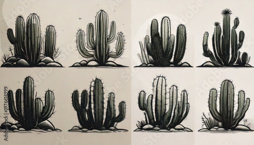 Collection of Saguaro Cactus Illustrations in Black and White.