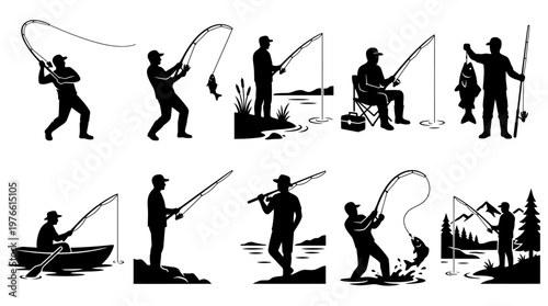 10 Man Fishing Silhouette Vector Pack – Outdoor Hobby SVG Collection