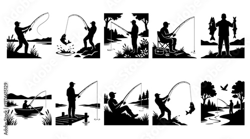 10 Man Fishing Silhouette Vector Pack – Outdoor Hobby SVG Collection