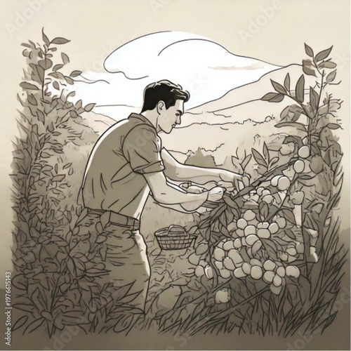 Man harvesting ripe grapes from vineyard during autumn season.