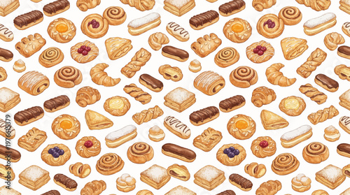 Seamless Pattern of Hand-Drawn Bakery Pastries Including Croissants, Eclairs, Cinnamon Rolls, and Danishes on White Background for Cafe Menus and Food Branding.