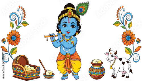 Charming illustration of a young divine deity playing a flute, with symbols of prosperity like butter and a gentle cow, capturing a scene of ancient folklore