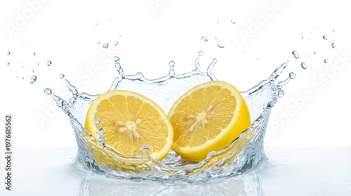 Fresh lemon halves with water splash on white