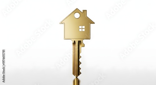 Real golden key shaped like a house on a clean white background