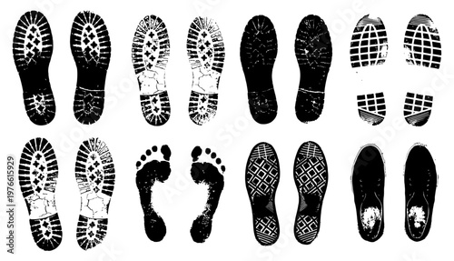 Set of human shoe prints and bare foot steps, silhouette vector illustration design.