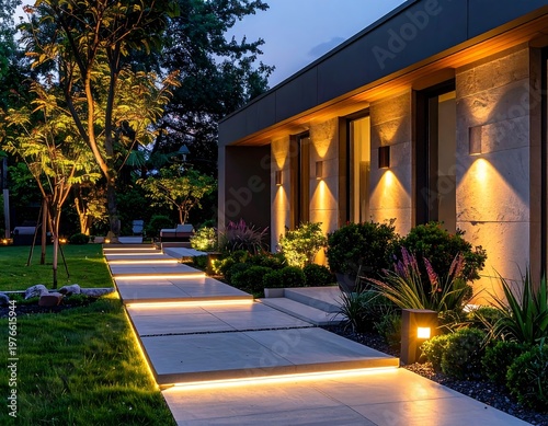 Modern Home Exterior with Illuminated Pathway and Landscaping at Dusk.