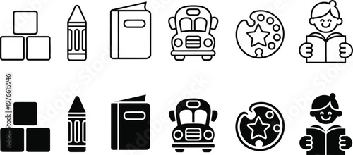Education School Icon Set, Learning Book Student Bus Knowledge Line and Solid Vector Icons Editable Stroke UI UX