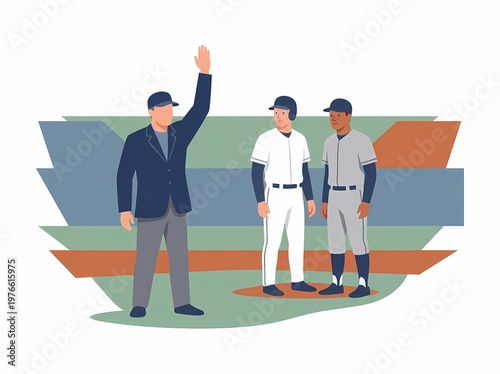 A flat vector illustration of a baseball umpire raising his hand to declare a called game or stop play.