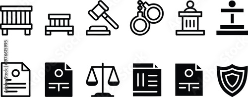 Law and Justice Icons Set, Court, Gavel, Handcuffs, Judge Bench, Scale, Legal Documents and Shield, Minimal Line and Solid Vector Icons
