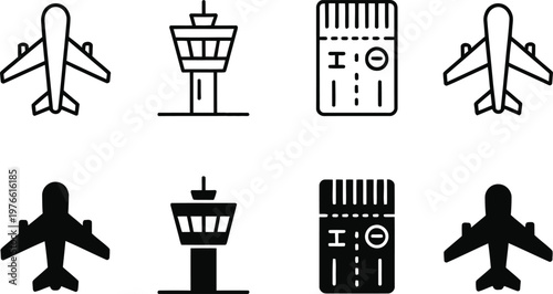 Air Travel Icon Set, Aviation Airport Airplane Boarding Pass Line and Solid Vector Icons Editable Stroke UI UX