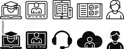 Online Education and E Learning Icons Set, Graduation, Course, Webinar, Book, Headphones and Student Profile, Minimal Line and Solid Vector Icons