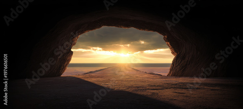 Stone archway cave opening ocean sunset horizon seascape light path