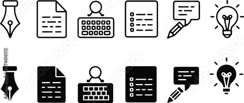 Office Communication and Writing Icons Set, Document File, Checklist, Pen Nib, Typewriter, Chat Bubble and Lightbulb, Minimal Line and Solid Vector Icons