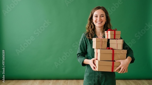 Smiling Woman Holding Stack of Gift Boxes.