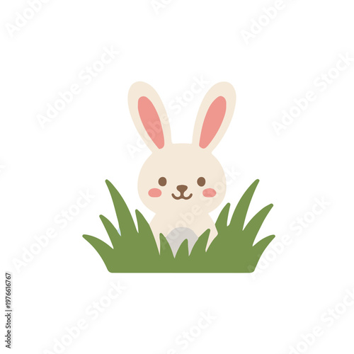 Adorable bunny rabbit hiding in green grass, cute spring animal character illustration in flat vector style