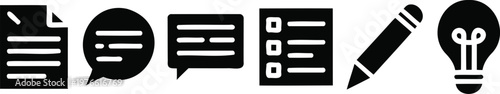 Content Creation Solid Icon Set, Writing Chat Idea Document Pencil Black Glyph Vector Icons Collection