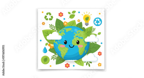 A cheerful cartoon Earth Day illustration with eco icons and leaf vectors arranged in a square template, designed for a social media campaign with a bright, joyful mood against a clean