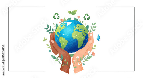 Illustrated Earth Day social media design shows diverse hands holding a globe surrounded by foliage and recycling icons, set against a clean white background, creating an eco-friendly