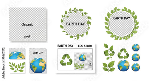 Earth Day social media templates showcasing a variety of vector illustrations including globes, recycle symbols, and leafy wreaths, presented with a clean design and a vibrant green color