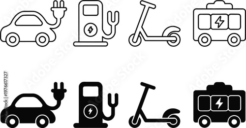 Electric Mobility and Charging Line Icons Set EV Car Station Scooter Battery Vehicle Outline Vector Collection for UI UX Web App Interface Design Editable Stroke