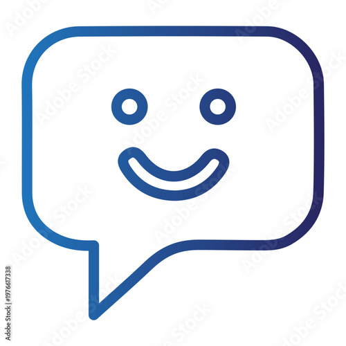 A smiling face in a blue speech bubble conveys happiness and friendly communication.