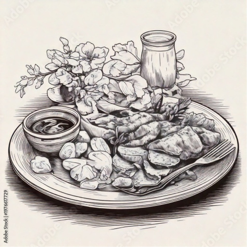 Hand drawn illustration of a delicious meal with dipping sauce.
