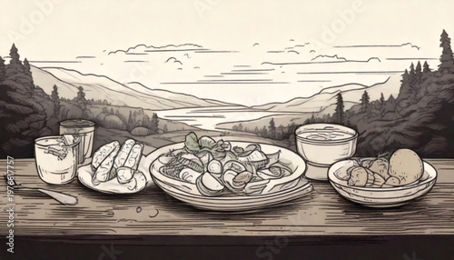 Still life food arrangement on a table with a landscape background.