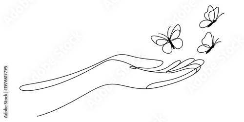 Minimalist continuous line drawing of a human hand releasing three delicate flying butterflies