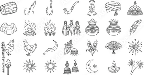 Traditional, Indian, festival, icon, set, line, art, vector, illustrations, for, Bihu, Pongal, Lohri, celebration, cultural, elements, village, life, harvest, decorations.