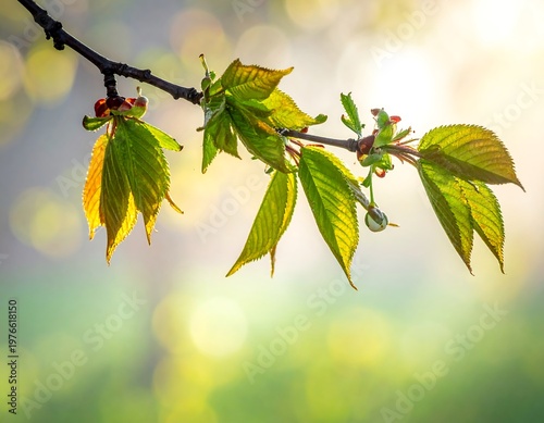 Close-up of Young Cherry Tree Leaves in Spring Sunlight.