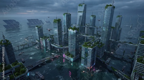 Stormy skies loom over futuristic coastal cityscape