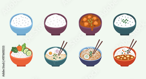 Pixel Art Food Bowls: Rice, Noodles, Curry, and Salad Variety