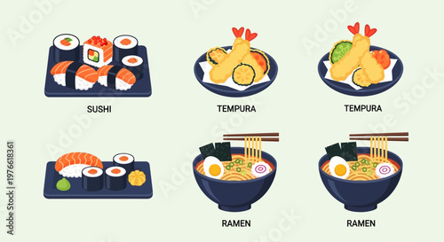 Pixel Art Japanese Food Assortment: Sushi, Tempura, and Ramen