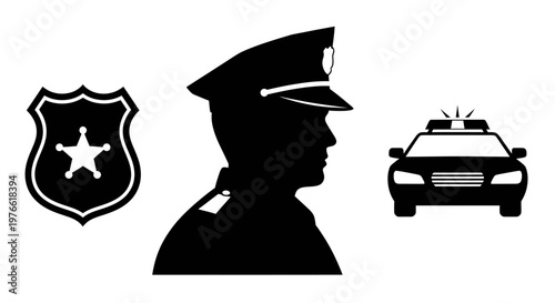 Police Officer Silhouette, Badge, and Patrol Car Icons - Law Enforcement Concept