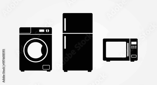 Set of Black Icons: Washing Machine, Refrigerator, Microwave Oven on White Background