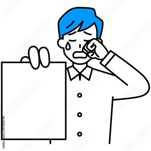 書類を見せて泣く若い男性