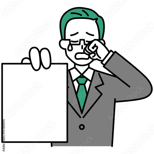 書類を見せて泣く中年のスーツの男性