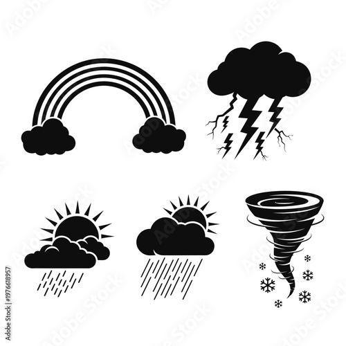 Weather Icons Collection: Rainbow, Thunderstorm, Sun, Rain, Tornado, Snowflakes