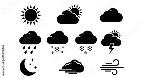 Weather Icons Set: Sun, Clouds, Rain, Snow, Storm, Moon, Wind, Fog