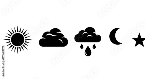 Weather Icons: Sun, Clouds, Rain, Moon, Star - Simple Black and White Icons