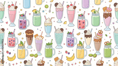 Seamless Pattern of Colorful Milkshakes, Smoothies and Sweet Drinks in Mason Jars and Tall Glasses with Toppings like Donuts, Cookies, Fruit and Whipped Cream