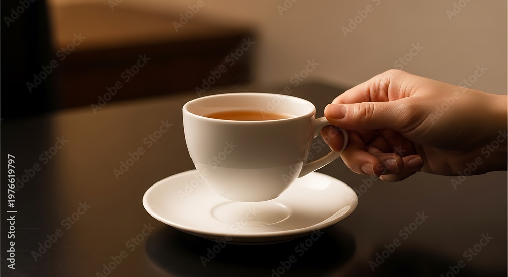 Fototapeta premium Hand Holding a White Cup of Coffee on a Saucer.