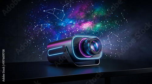 Futuristic Smart Projector Illuminating a Vibrant Cosmic Nebula and Constellations with Neon Glow
