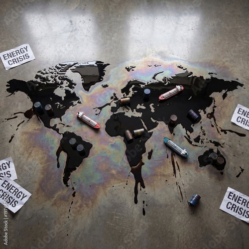World map stained with oil, evoking environmental crisis
