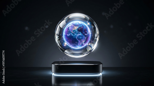 Glowing Earth in Levitating Sphere Above Dark Pedestal, Global Tech Concept