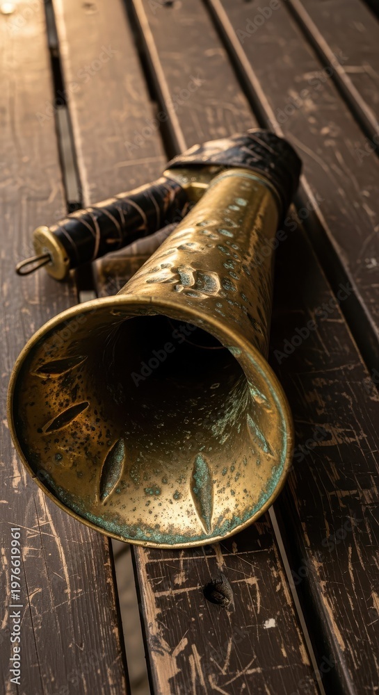 Fototapeta premium Antique brass maritime megaphone rests on a weathered wooden surface.